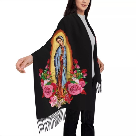 Black multicolor Our Lady of Guadalupe print wrap shawl warm soft fringes nwt - Picture 1 of 7